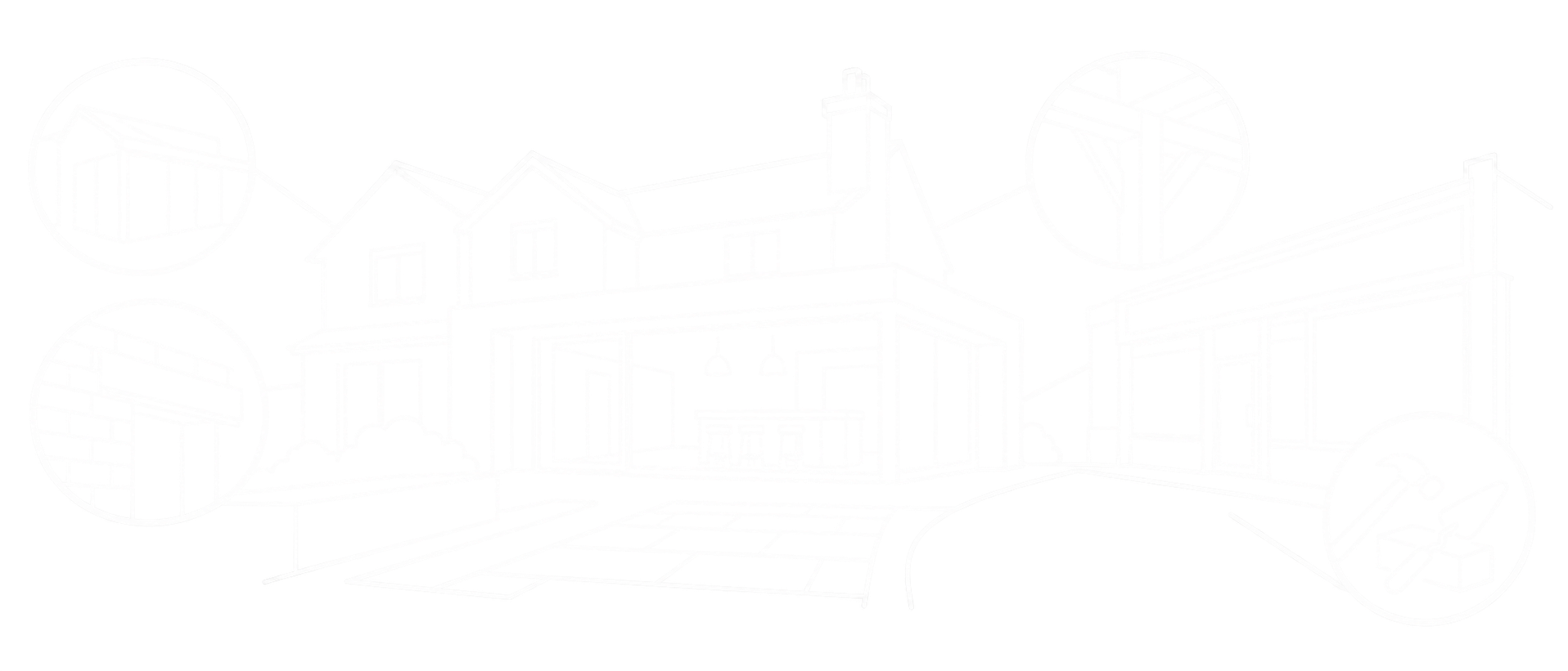 Architectural illustration of a home, extension and construction details